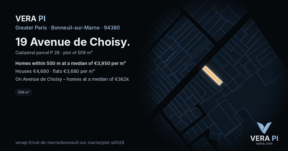 19 Avenue de Choisy, Bonneuil-sur-Marne at night – the plot lit, the parcels around coloured by the prices near them