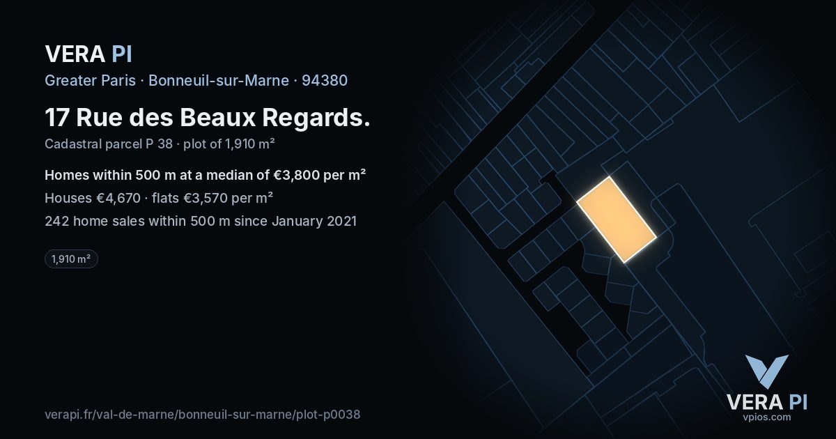 17 Rue des Beaux Regards, Bonneuil-sur-Marne at night – the plot lit, the parcels around coloured by the prices near them