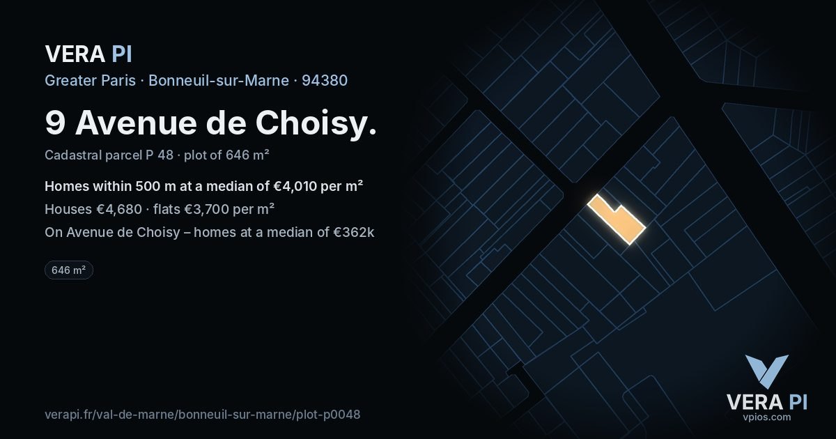 9 Avenue de Choisy, Bonneuil-sur-Marne at night – the plot lit, the parcels around coloured by the prices near them