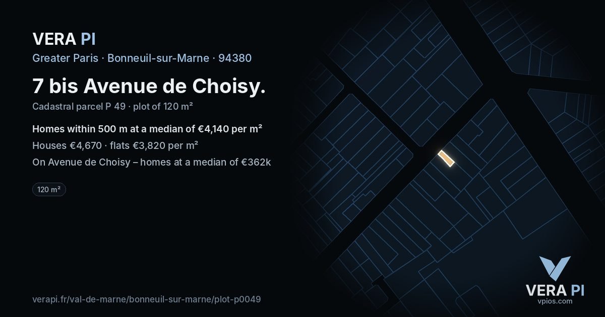 7 bis Avenue de Choisy, Bonneuil-sur-Marne at night – the plot lit, the parcels around coloured by the prices near them