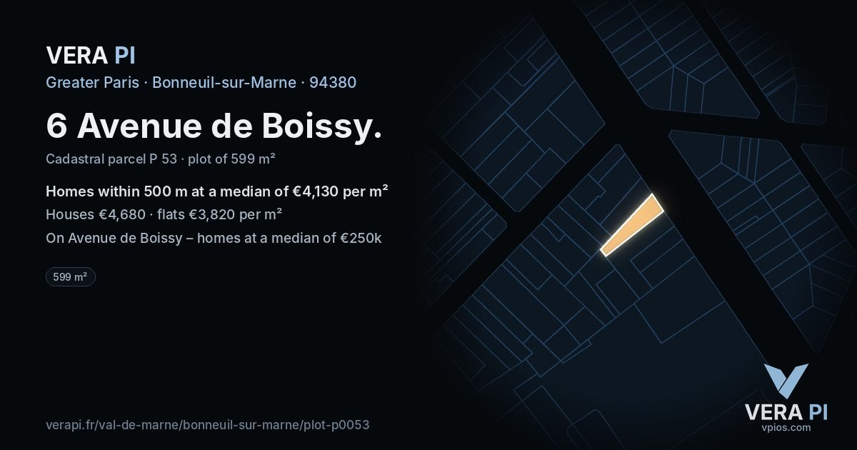 6 Avenue de Boissy, Bonneuil-sur-Marne at night – the plot lit, the parcels around coloured by the prices near them