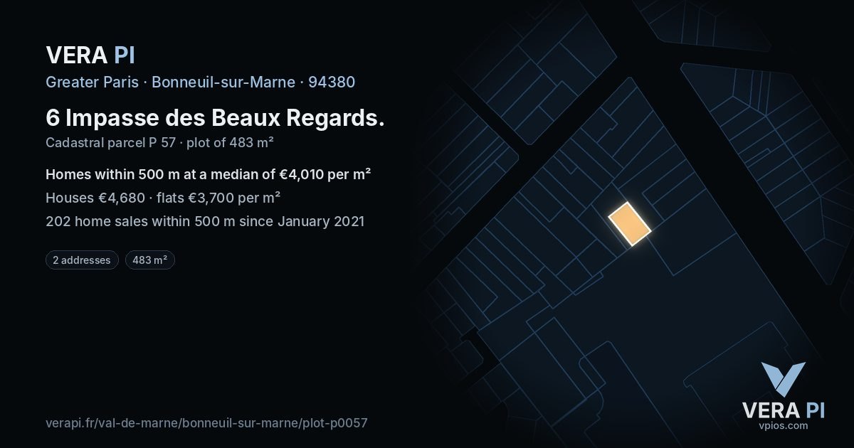 6 Impasse des Beaux Regards, Bonneuil-sur-Marne at night – the plot lit, the parcels around coloured by the prices near them