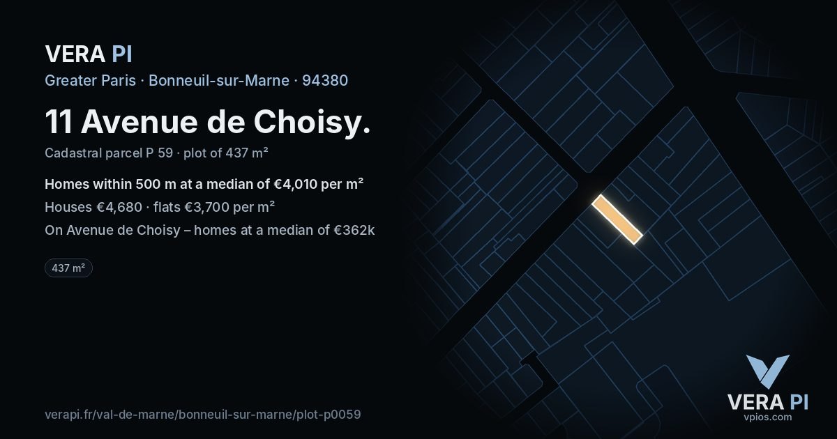 11 Avenue de Choisy, Bonneuil-sur-Marne at night – the plot lit, the parcels around coloured by the prices near them