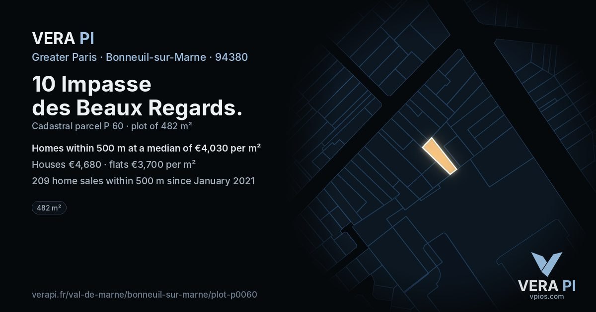 10 Impasse des Beaux Regards, Bonneuil-sur-Marne at night – the plot lit, the parcels around coloured by the prices near them