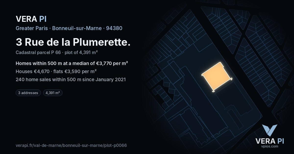 3 Rue de la Plumerette, Bonneuil-sur-Marne at night – the plot lit, the parcels around coloured by the prices near them