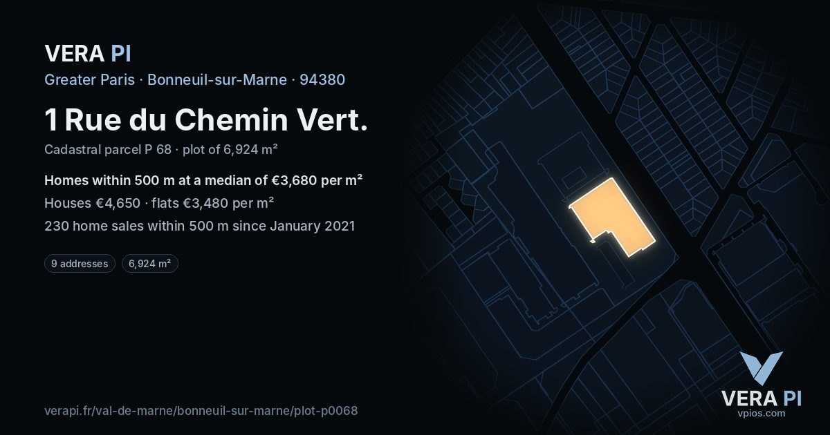 1 Rue du Chemin Vert, Bonneuil-sur-Marne at night – the plot lit, the parcels around coloured by the prices near them
