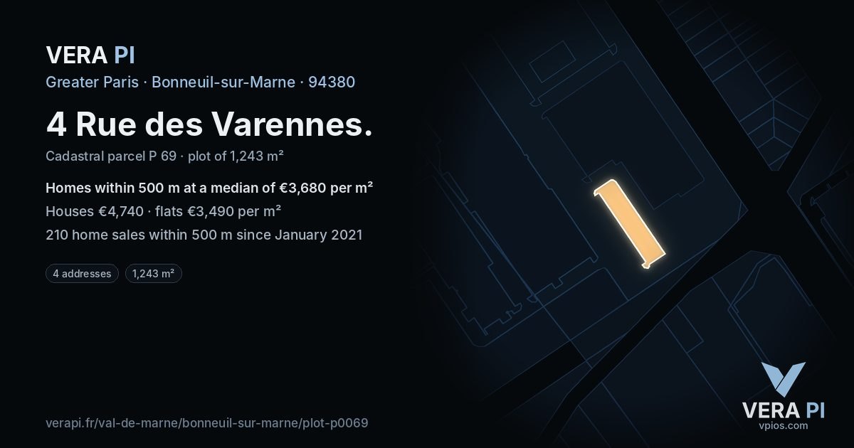 4 Rue des Varennes, Bonneuil-sur-Marne at night – the plot lit, the parcels around coloured by the prices near them