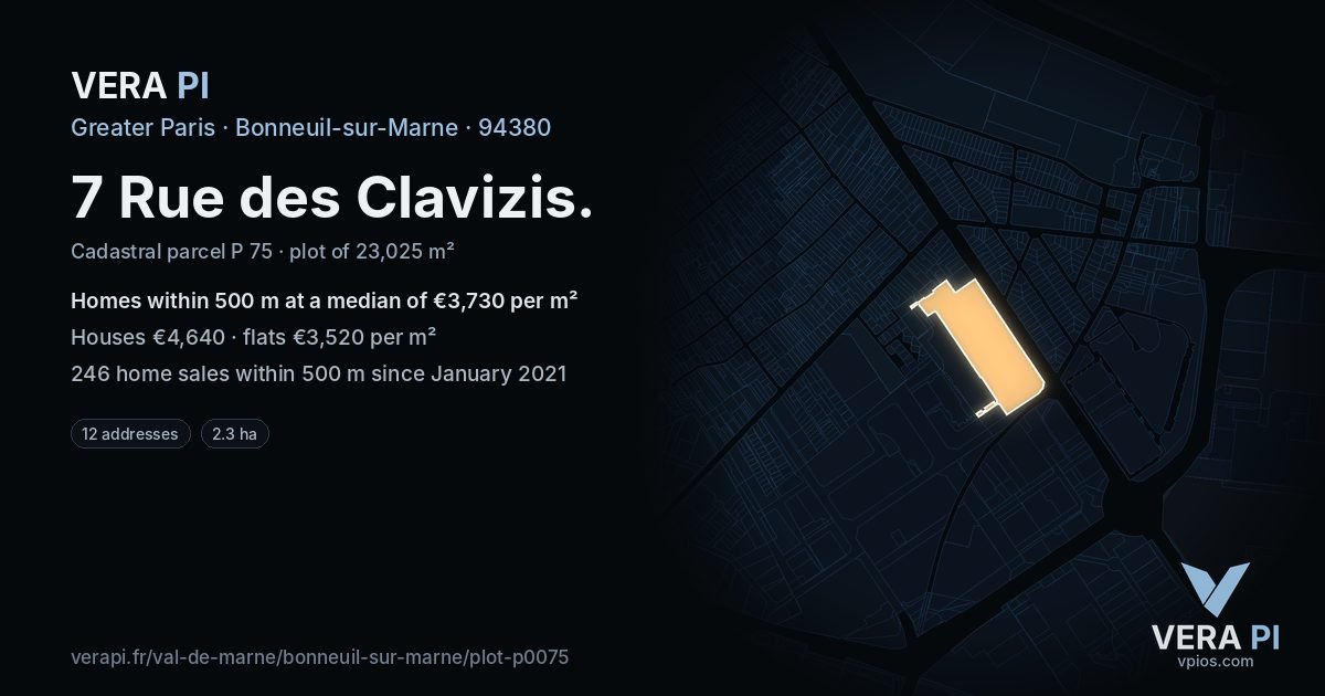 7 Rue des Clavizis, Bonneuil-sur-Marne at night – the plot lit, the parcels around coloured by the prices near them