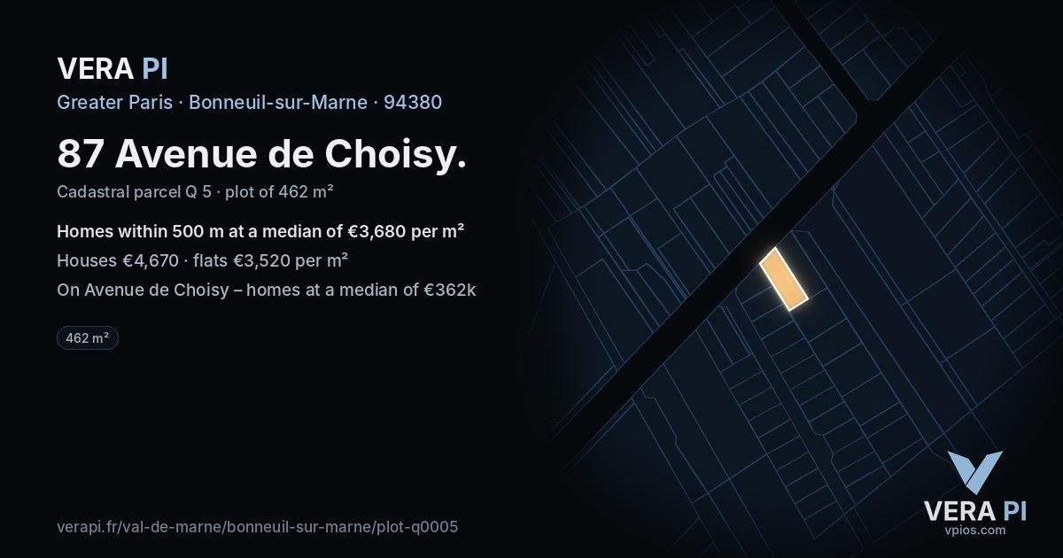 87 Avenue de Choisy, Bonneuil-sur-Marne at night – the plot lit, the parcels around coloured by the prices near them