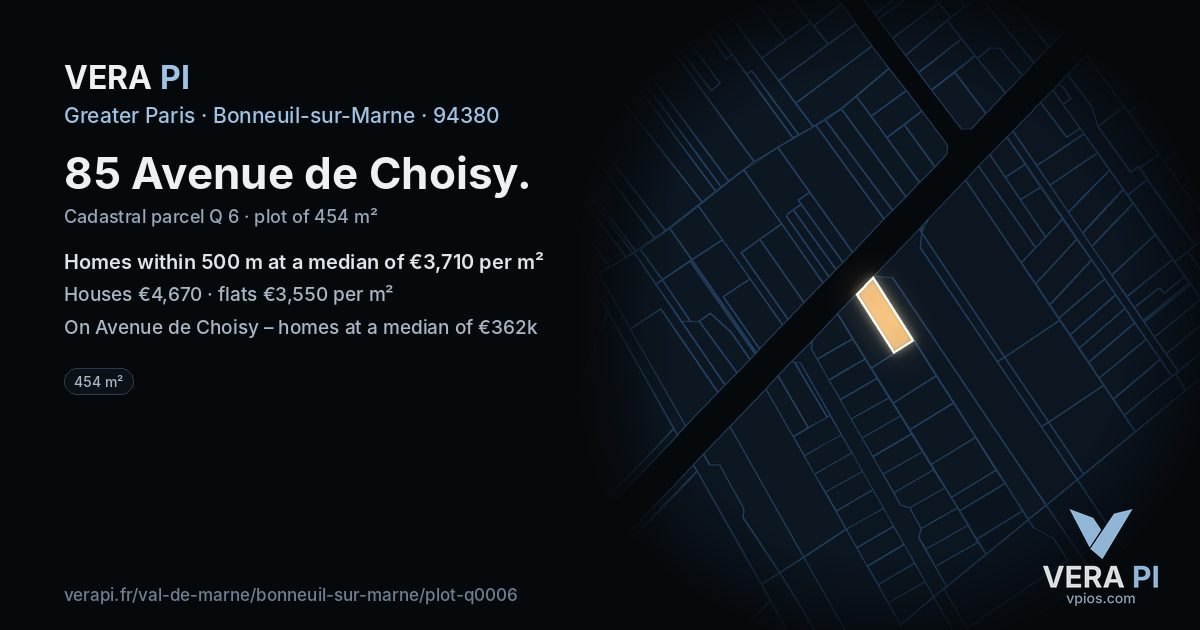85 Avenue de Choisy, Bonneuil-sur-Marne at night – the plot lit, the parcels around coloured by the prices near them