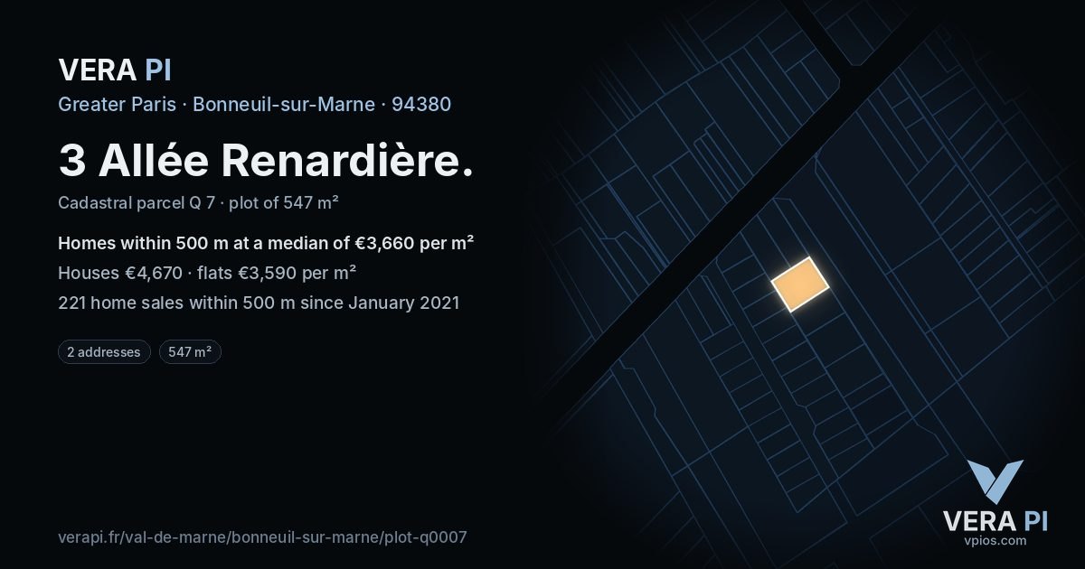 3 Allée Renardière, Bonneuil-sur-Marne at night – the plot lit, the parcels around coloured by the prices near them
