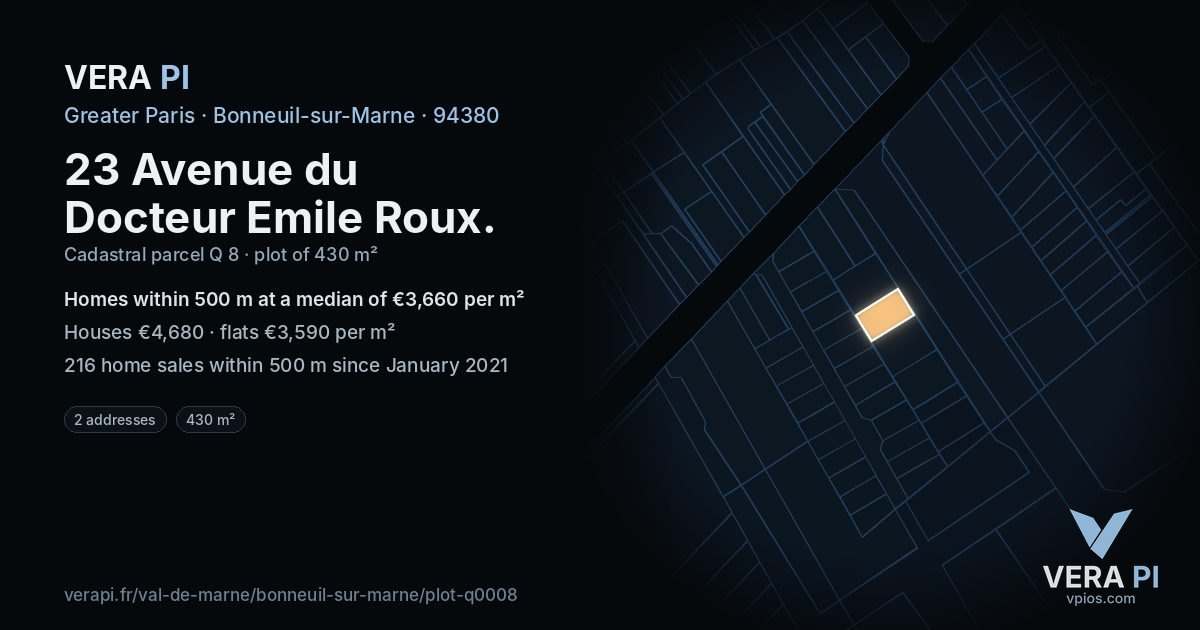 23 Avenue du Docteur Emile Roux, Bonneuil-sur-Marne at night – the plot lit, the parcels around coloured by the prices near them