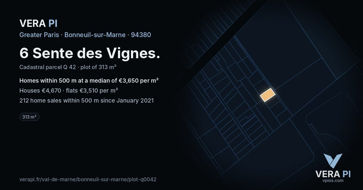 6 Sente des Vignes, Bonneuil-sur-Marne at night – the plot lit, the parcels around coloured by the prices near them