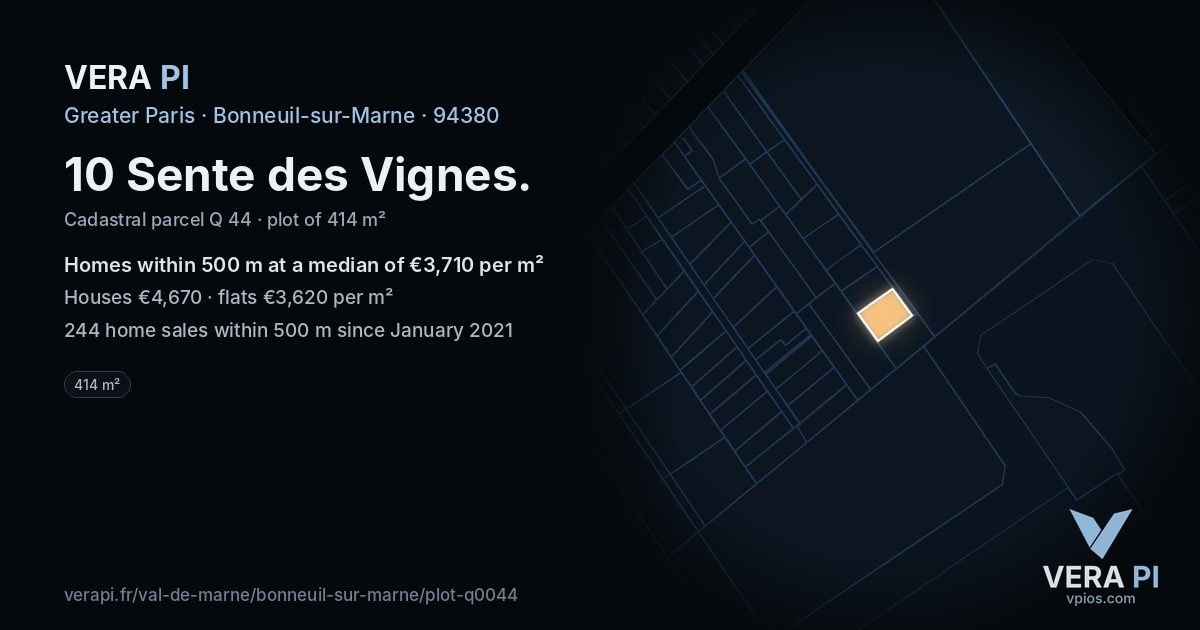 10 Sente des Vignes, Bonneuil-sur-Marne at night – the plot lit, the parcels around coloured by the prices near them