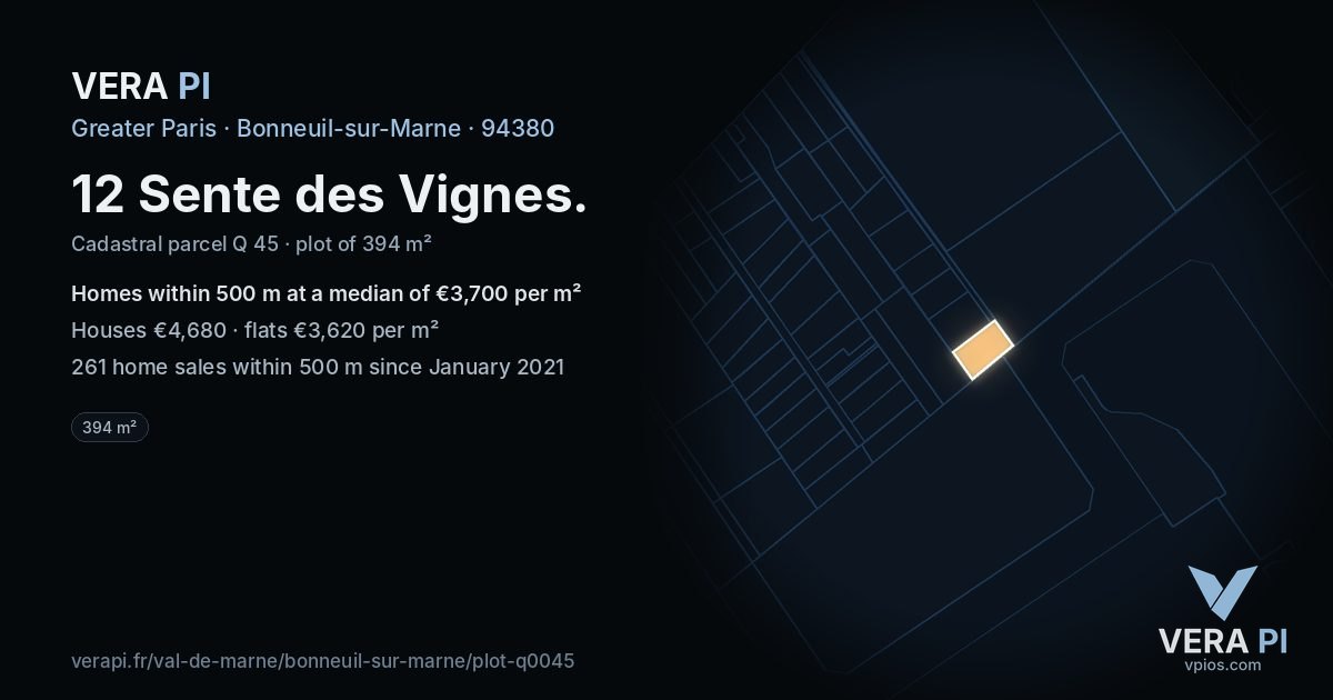 12 Sente des Vignes, Bonneuil-sur-Marne at night – the plot lit, the parcels around coloured by the prices near them