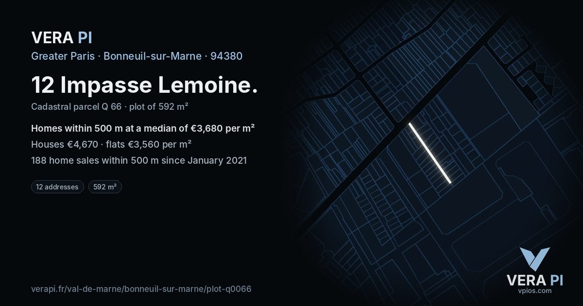 12 Impasse Lemoine, Bonneuil-sur-Marne at night – the plot lit, the parcels around coloured by the prices near them