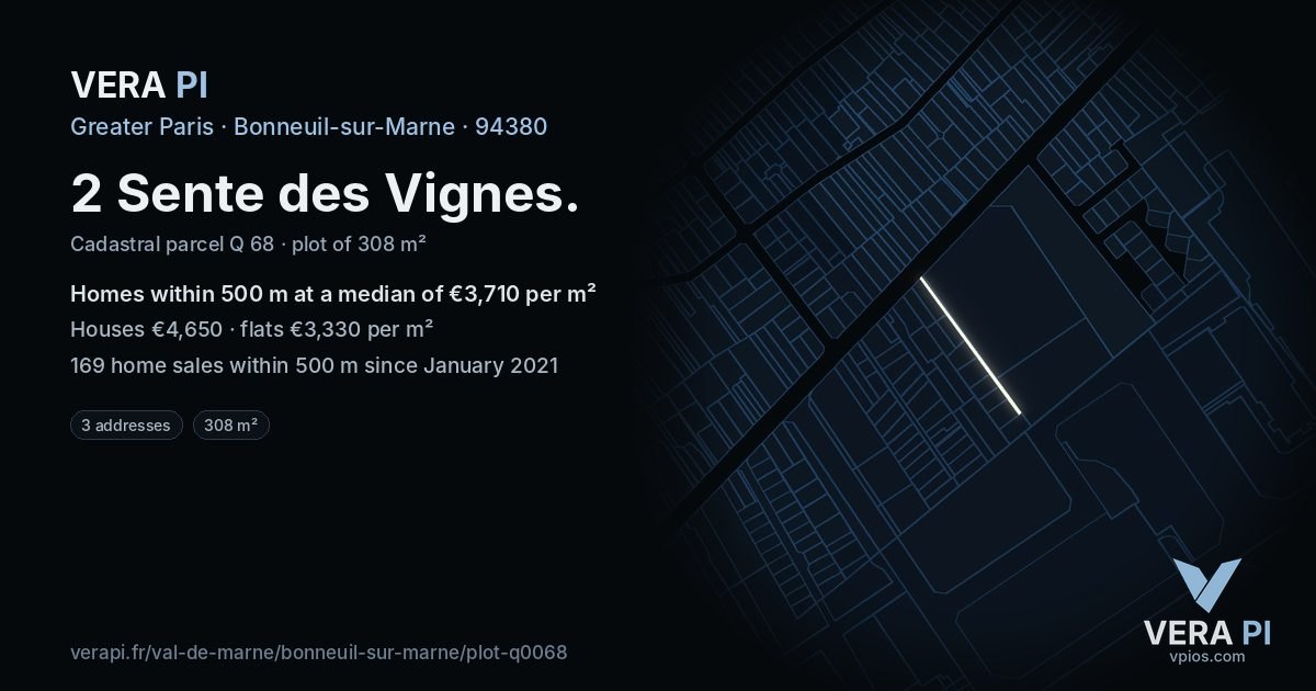 2 Sente des Vignes, Bonneuil-sur-Marne at night – the plot lit, the parcels around coloured by the prices near them