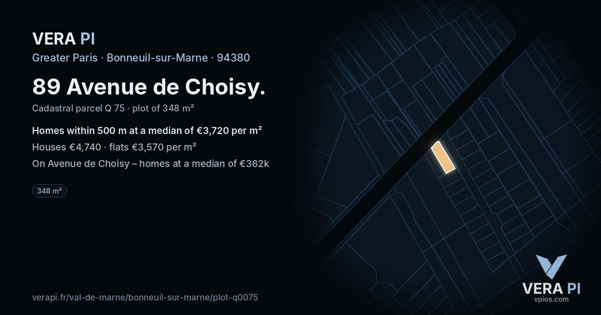 89 Avenue de Choisy, Bonneuil-sur-Marne at night – the plot lit, the parcels around coloured by the prices near them