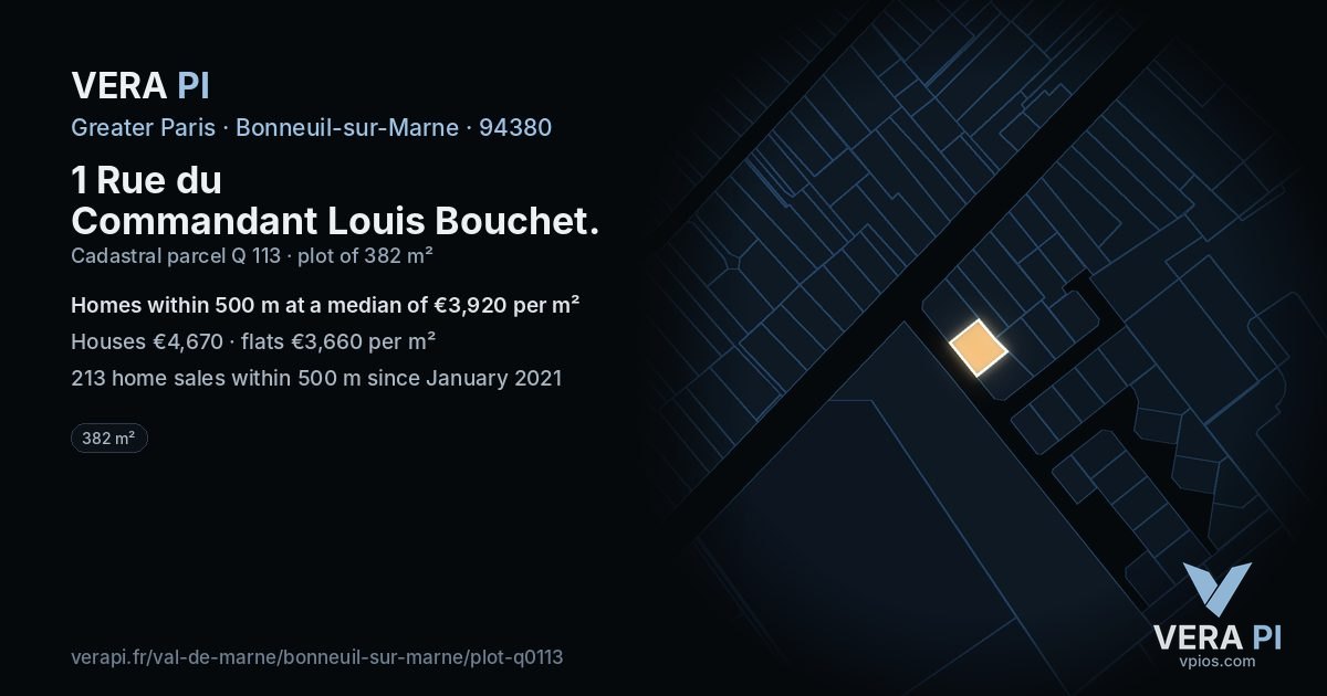 1 Rue du Commandant Louis Bouchet, Bonneuil-sur-Marne at night – the plot lit, the parcels around coloured by the prices near them