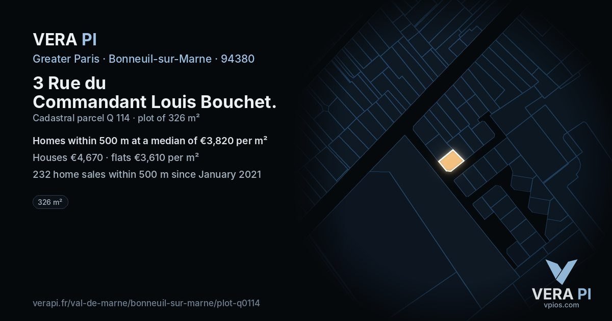 3 Rue du Commandant Louis Bouchet, Bonneuil-sur-Marne at night – the plot lit, the parcels around coloured by the prices near them