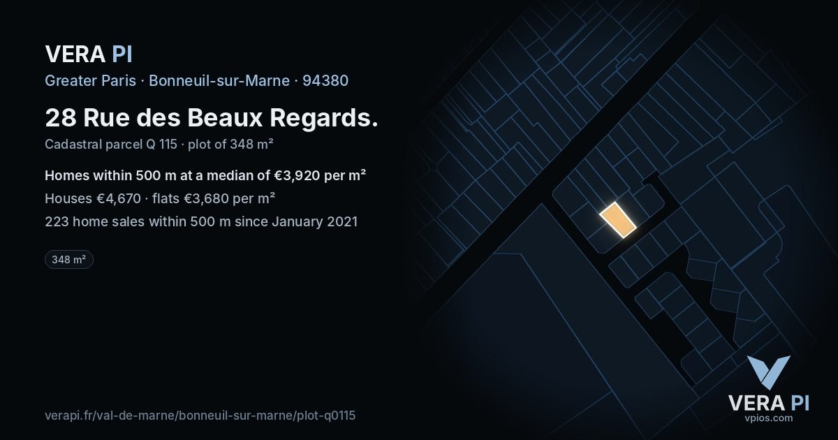 28 Rue des Beaux Regards, Bonneuil-sur-Marne at night – the plot lit, the parcels around coloured by the prices near them
