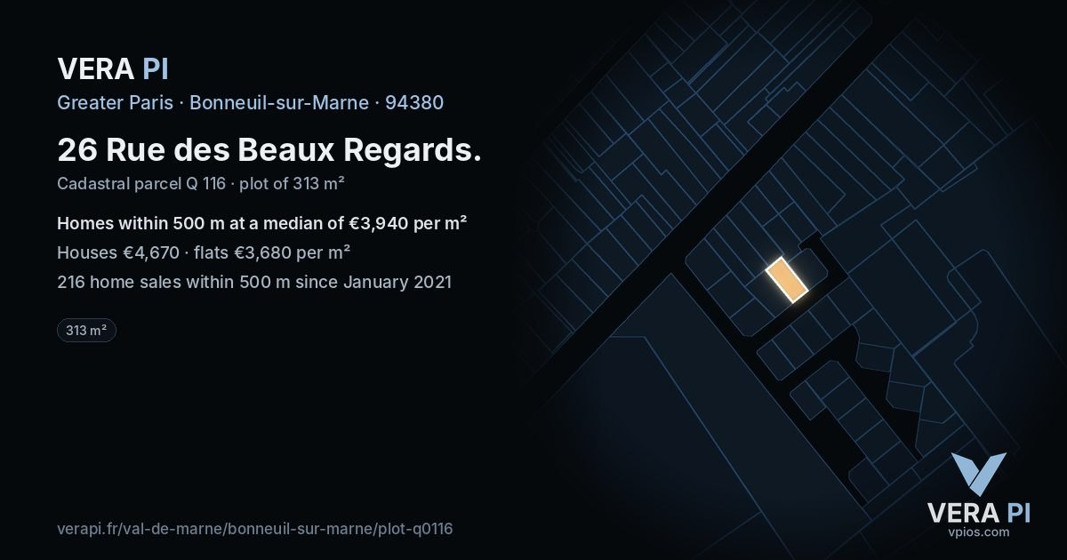 26 Rue des Beaux Regards, Bonneuil-sur-Marne at night – the plot lit, the parcels around coloured by the prices near them
