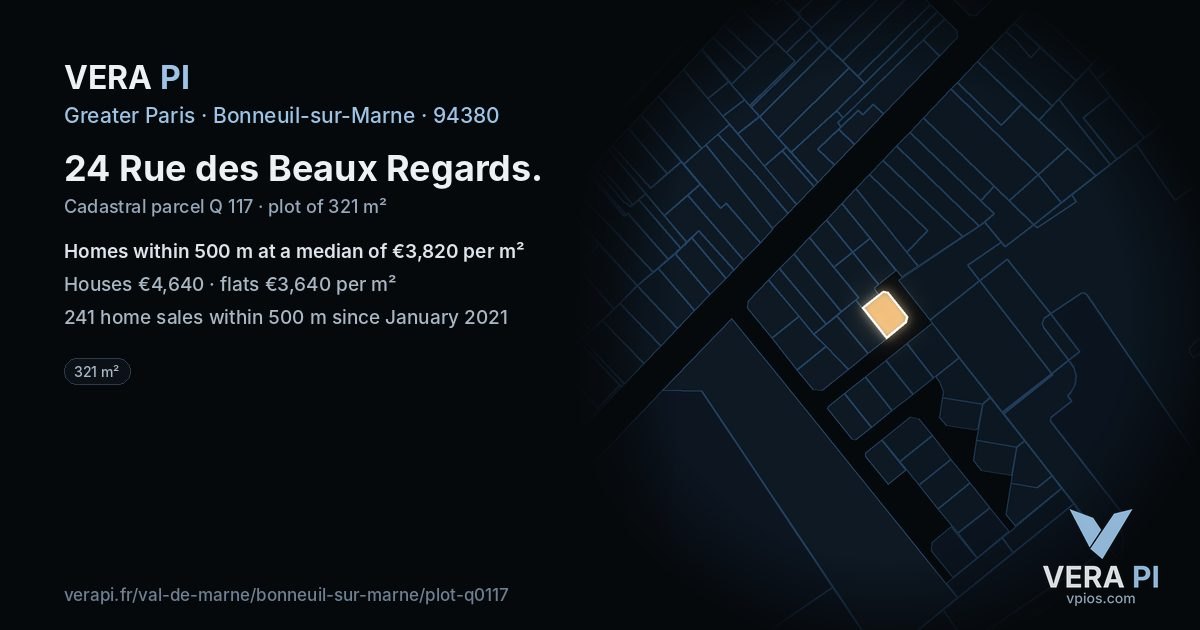 24 Rue des Beaux Regards, Bonneuil-sur-Marne at night – the plot lit, the parcels around coloured by the prices near them