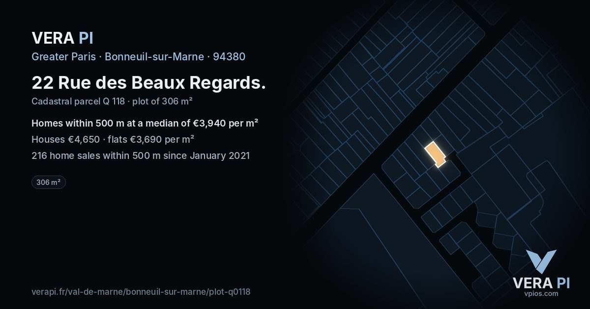 22 Rue des Beaux Regards, Bonneuil-sur-Marne at night – the plot lit, the parcels around coloured by the prices near them