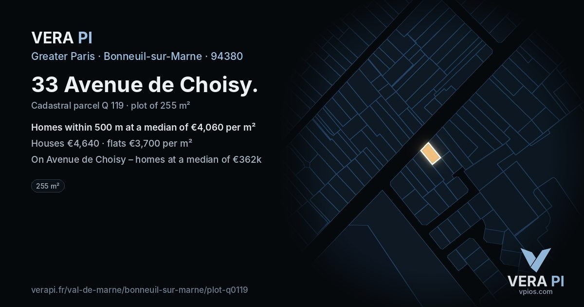 33 Avenue de Choisy, Bonneuil-sur-Marne at night – the plot lit, the parcels around coloured by the prices near them