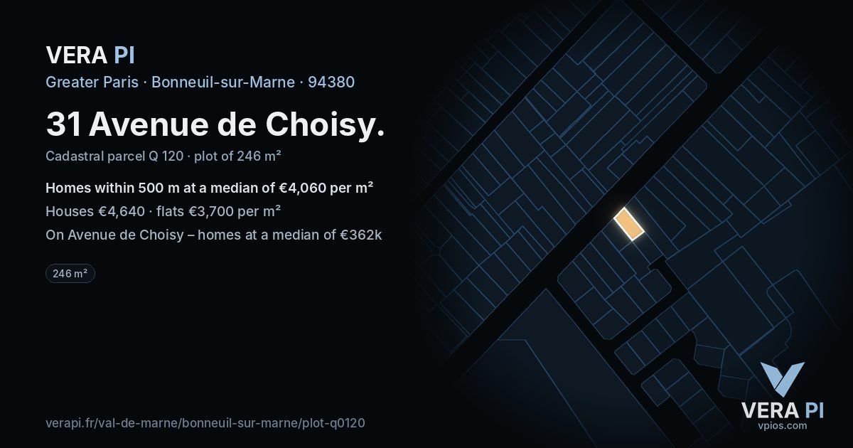 31 Avenue de Choisy, Bonneuil-sur-Marne at night – the plot lit, the parcels around coloured by the prices near them
