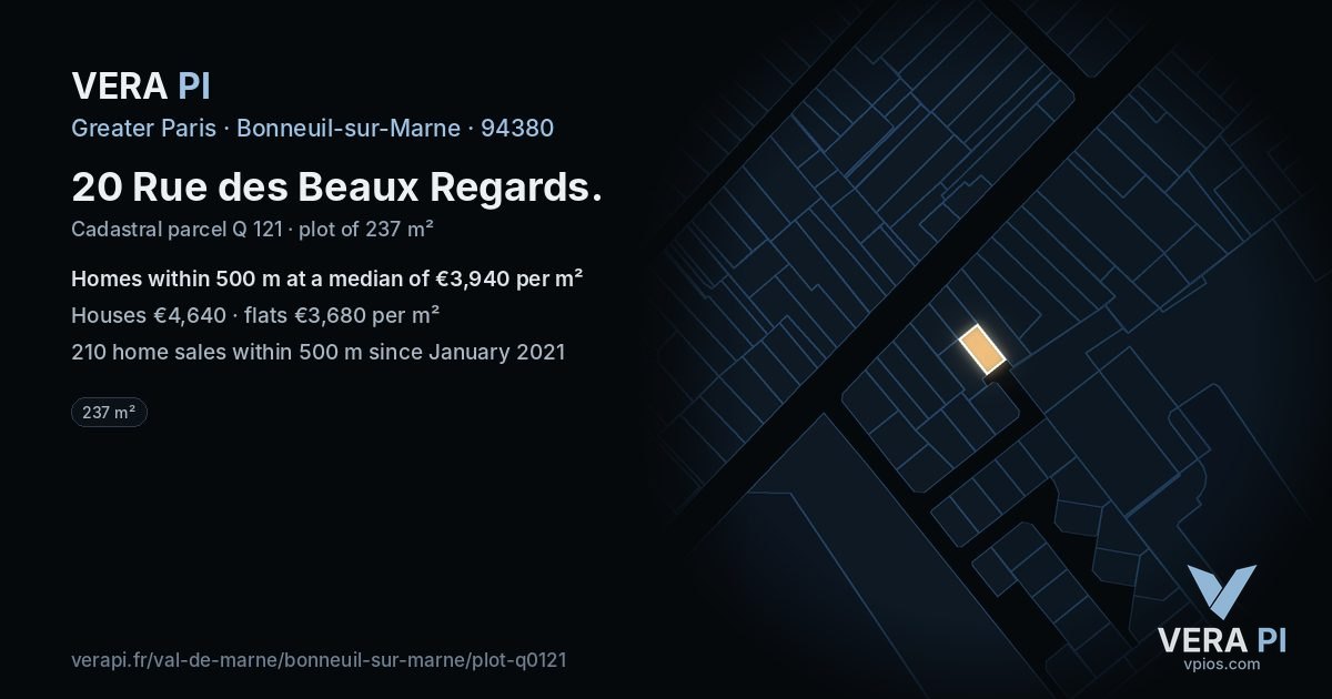 20 Rue des Beaux Regards, Bonneuil-sur-Marne at night – the plot lit, the parcels around coloured by the prices near them