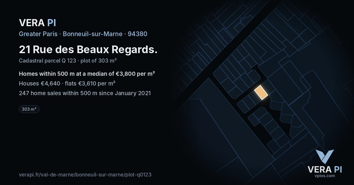21 Rue des Beaux Regards, Bonneuil-sur-Marne at night – the plot lit, the parcels around coloured by the prices near them