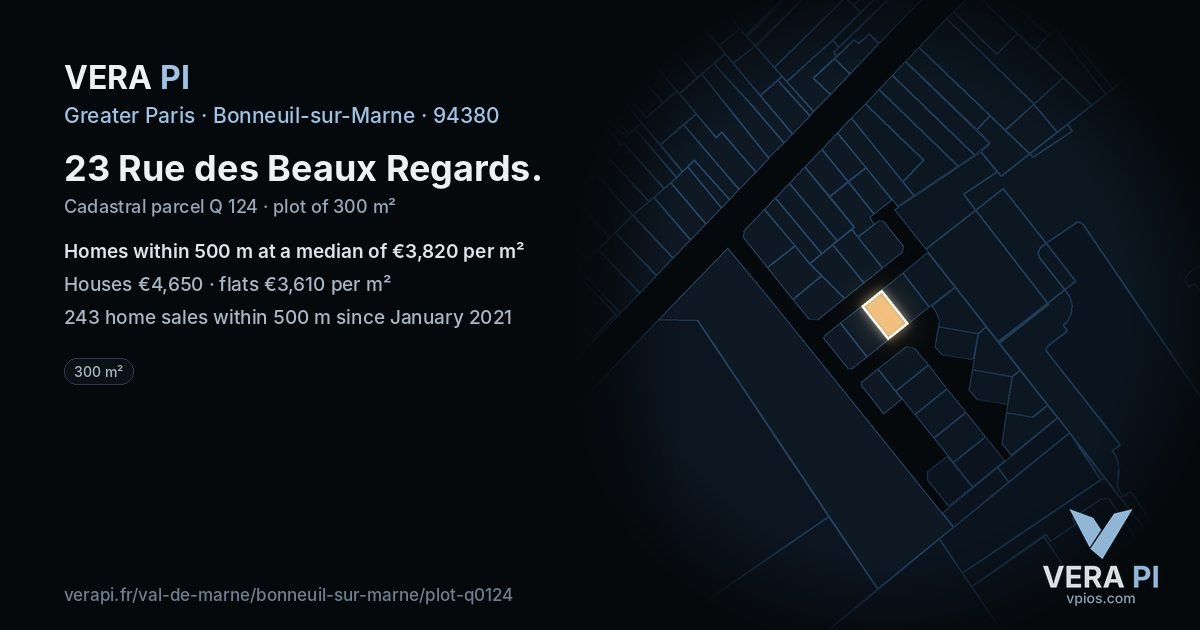 23 Rue des Beaux Regards, Bonneuil-sur-Marne at night – the plot lit, the parcels around coloured by the prices near them