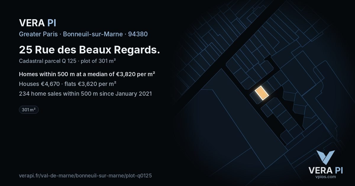 25 Rue des Beaux Regards, Bonneuil-sur-Marne at night – the plot lit, the parcels around coloured by the prices near them