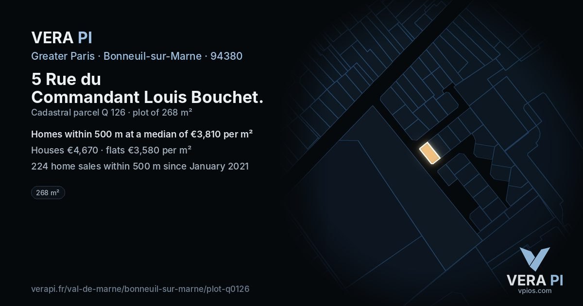 5 Rue du Commandant Louis Bouchet, Bonneuil-sur-Marne at night – the plot lit, the parcels around coloured by the prices near them