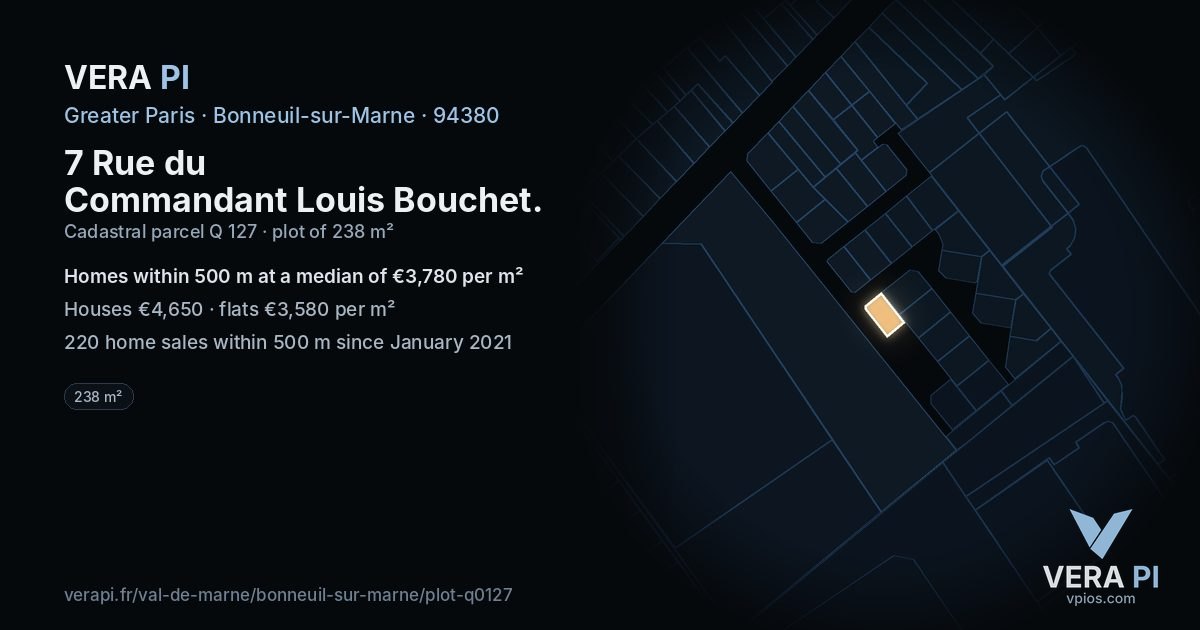 7 Rue du Commandant Louis Bouchet, Bonneuil-sur-Marne at night – the plot lit, the parcels around coloured by the prices near them