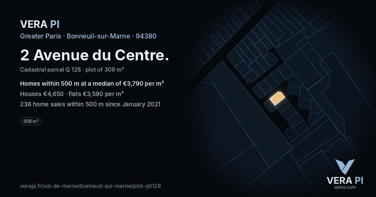 2 Avenue du Centre, Bonneuil-sur-Marne at night – the plot lit, the parcels around coloured by the prices near them