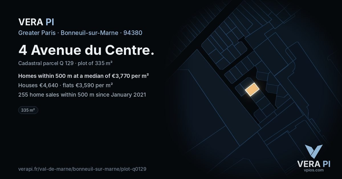4 Avenue du Centre, Bonneuil-sur-Marne at night – the plot lit, the parcels around coloured by the prices near them