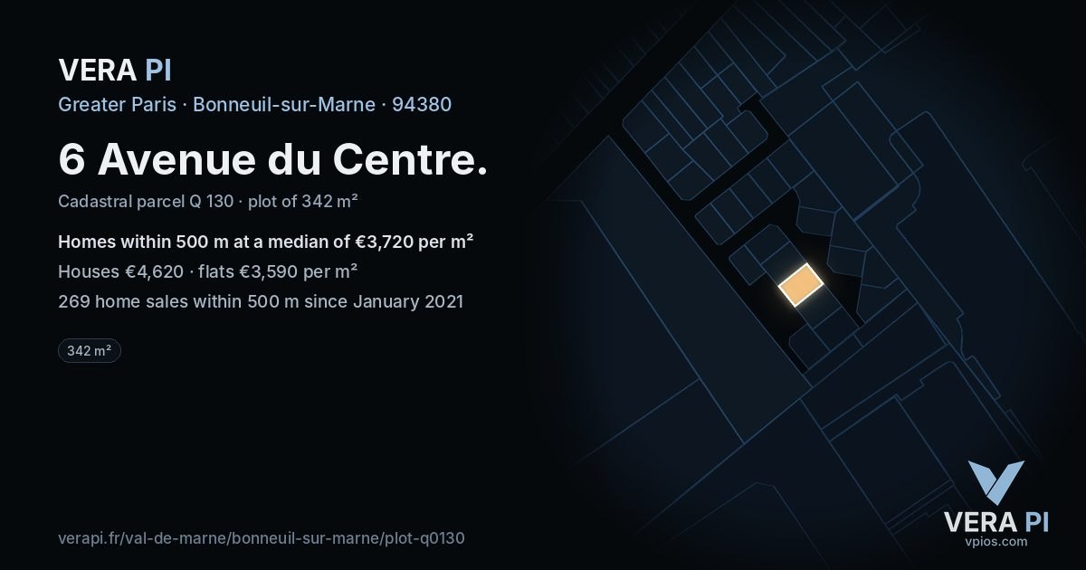 6 Avenue du Centre, Bonneuil-sur-Marne at night – the plot lit, the parcels around coloured by the prices near them