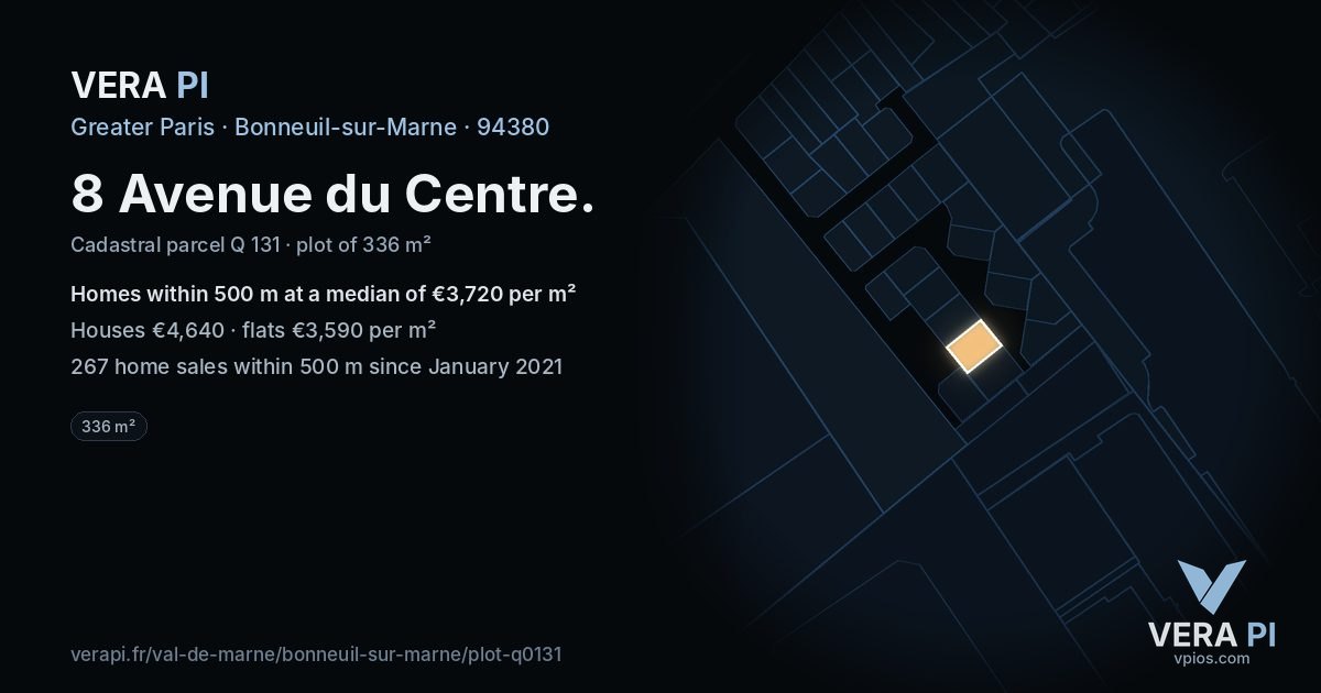 8 Avenue du Centre, Bonneuil-sur-Marne at night – the plot lit, the parcels around coloured by the prices near them