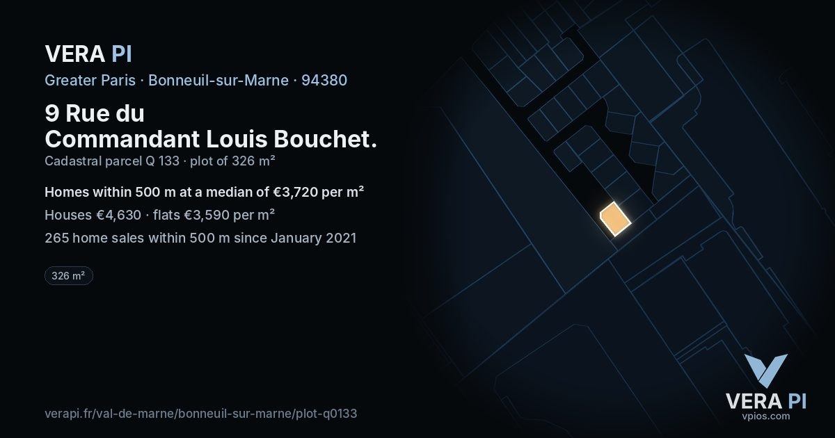 9 Rue du Commandant Louis Bouchet, Bonneuil-sur-Marne at night – the plot lit, the parcels around coloured by the prices near them