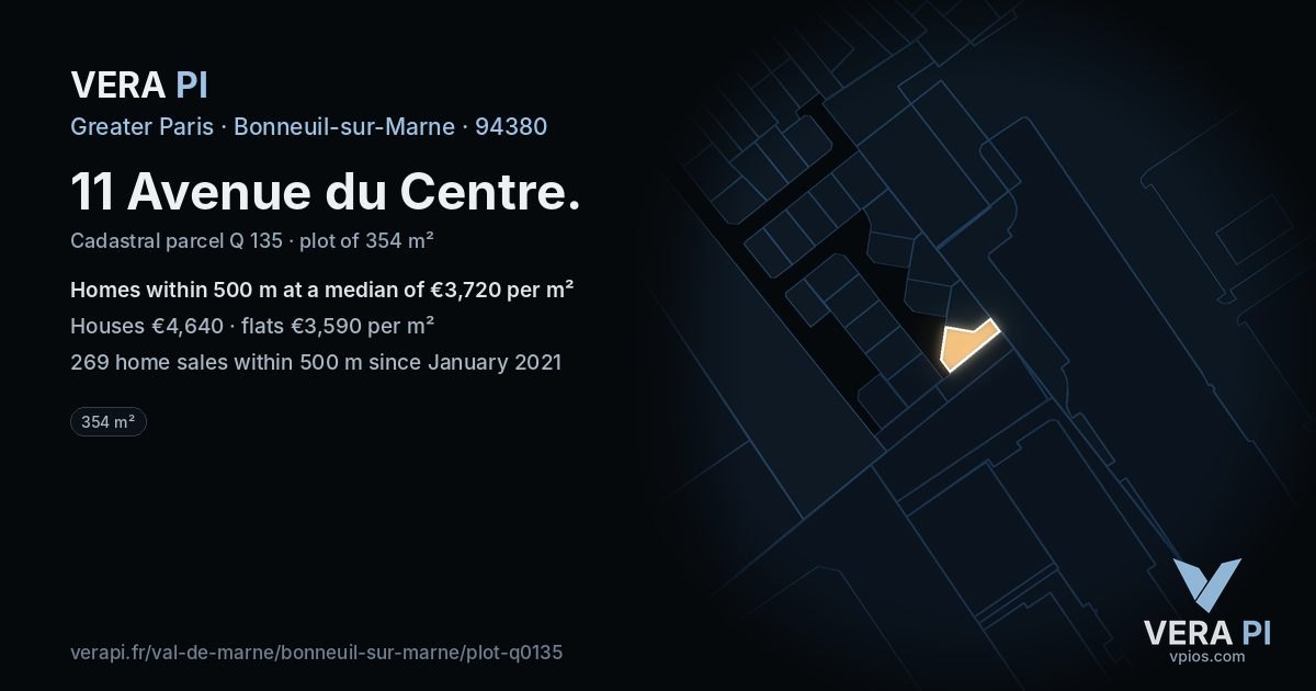11 Avenue du Centre, Bonneuil-sur-Marne at night – the plot lit, the parcels around coloured by the prices near them