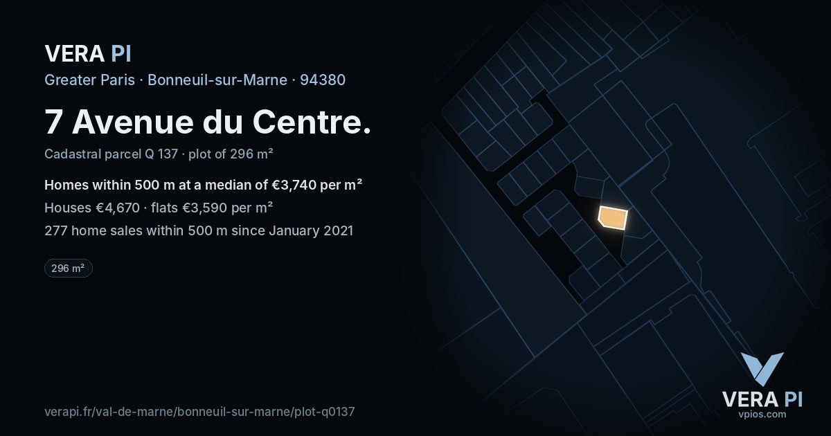 7 Avenue du Centre, Bonneuil-sur-Marne at night – the plot lit, the parcels around coloured by the prices near them