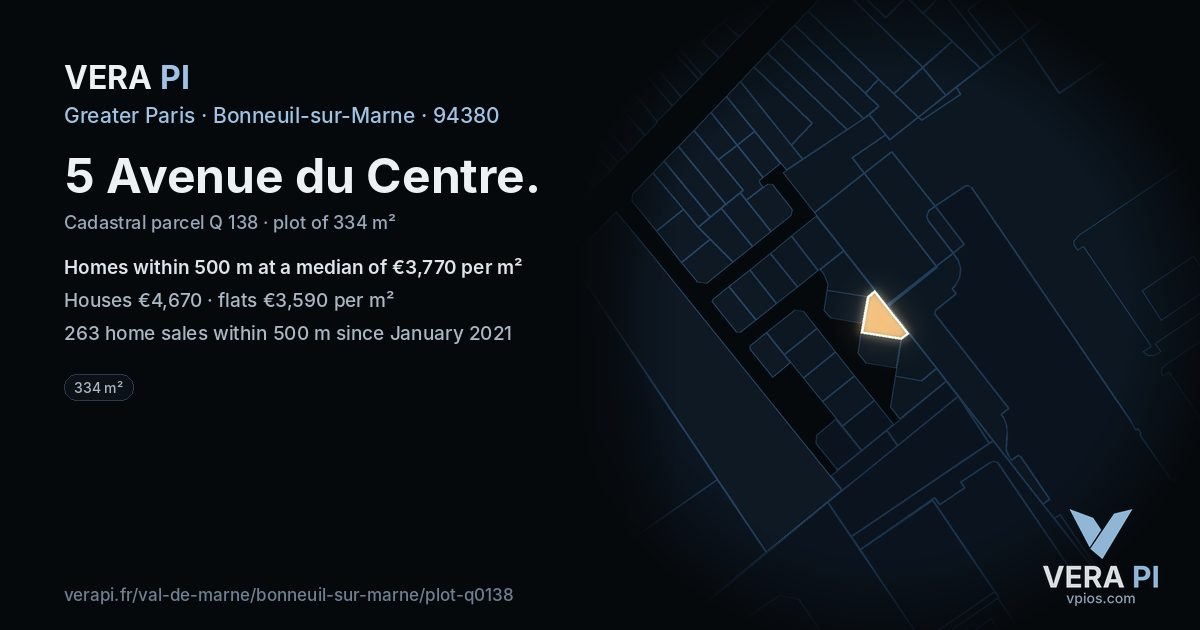 5 Avenue du Centre, Bonneuil-sur-Marne at night – the plot lit, the parcels around coloured by the prices near them