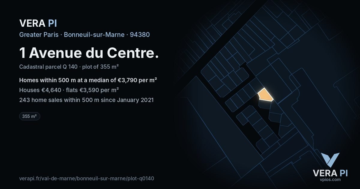 1 Avenue du Centre, Bonneuil-sur-Marne at night – the plot lit, the parcels around coloured by the prices near them