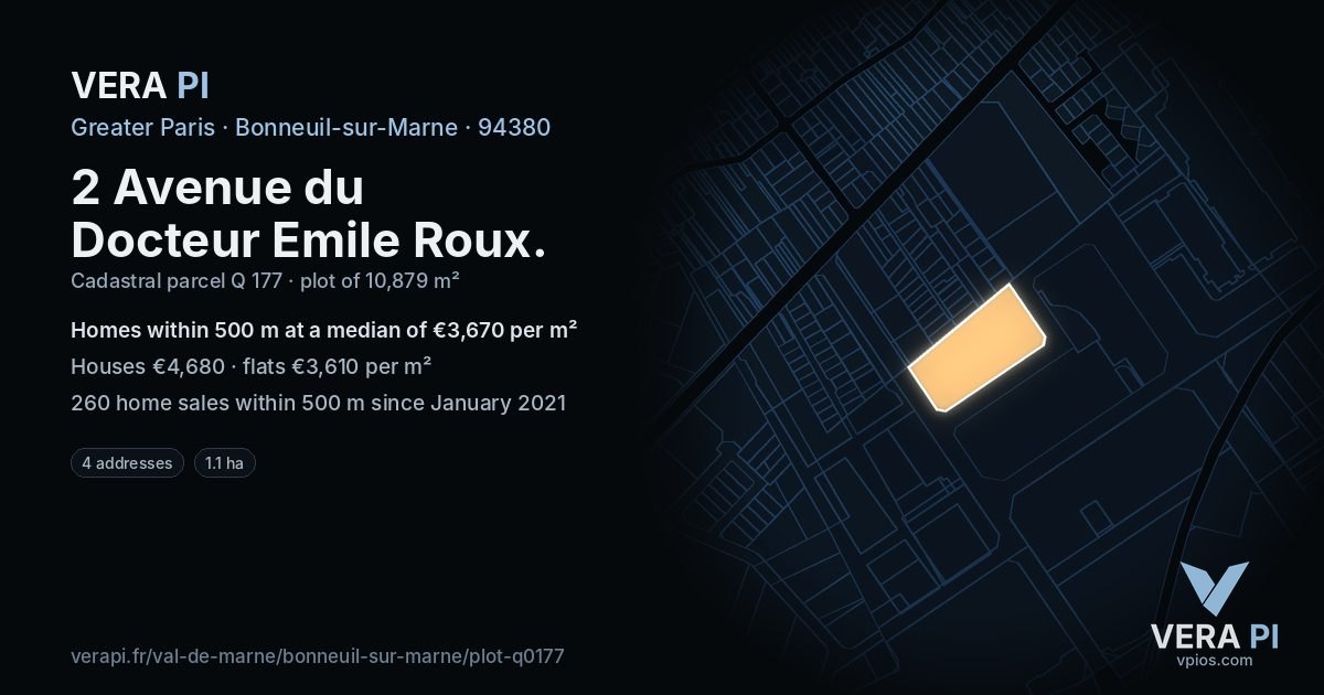 2 Avenue du Docteur Emile Roux, Bonneuil-sur-Marne at night – the plot lit, the parcels around coloured by the prices near them