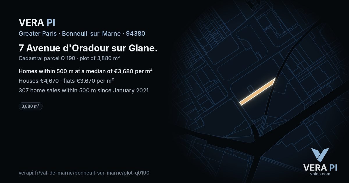 7 Avenue d'Oradour sur Glane, Bonneuil-sur-Marne at night – the plot lit, the parcels around coloured by the prices near them