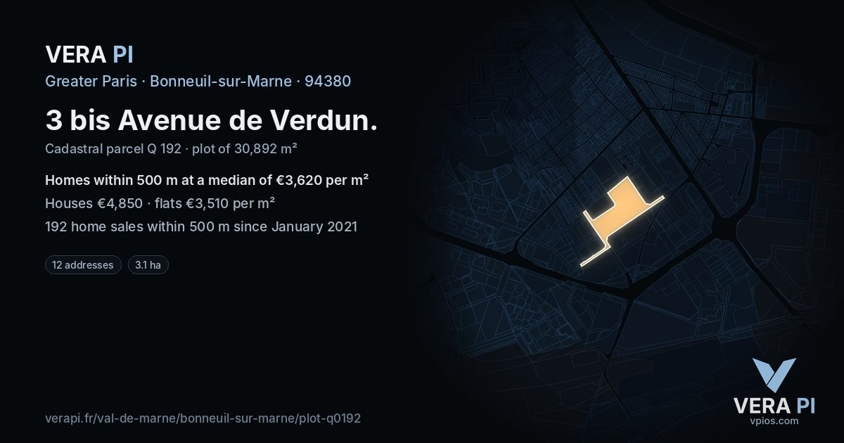 3 bis Avenue de Verdun, Bonneuil-sur-Marne at night – the plot lit, the parcels around coloured by the prices near them