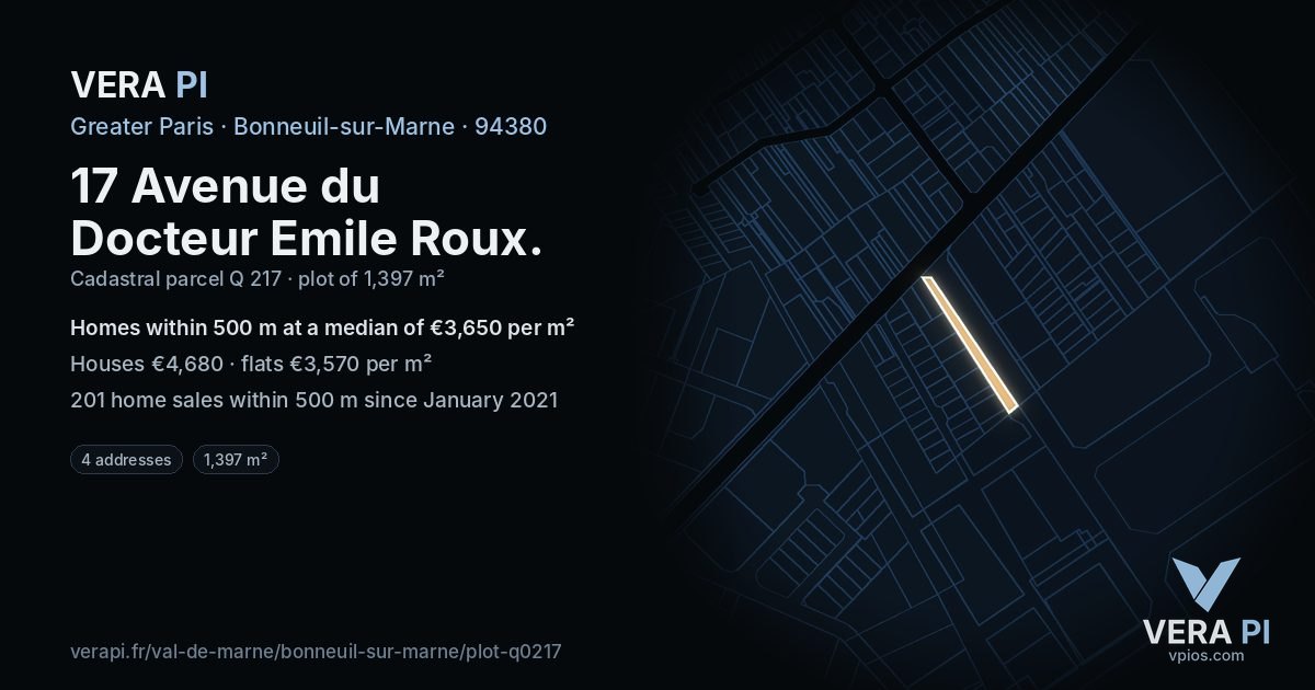 17 Avenue du Docteur Emile Roux, Bonneuil-sur-Marne at night – the plot lit, the parcels around coloured by the prices near them