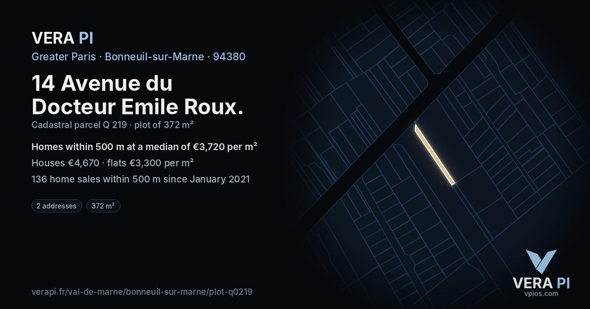 14 Avenue du Docteur Emile Roux, Bonneuil-sur-Marne at night – the plot lit, the parcels around coloured by the prices near them